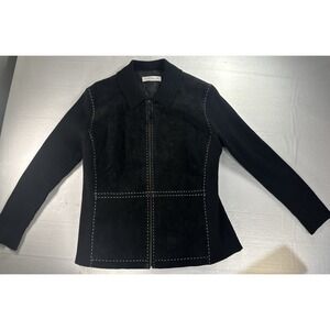 Pursuits Ltd Suede Jacket XL Black Full Zip Knit Sleeves ** See Measurements